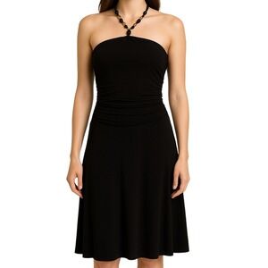 B. MOSS 90s Y2K Black Beaded Halter Neck Ruched Waist Flared Dress Small